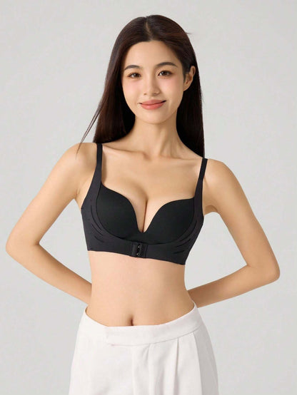 Soutien-gorge sans armature en couleur unie confortable et sans couture à fermeture avant pour femmes