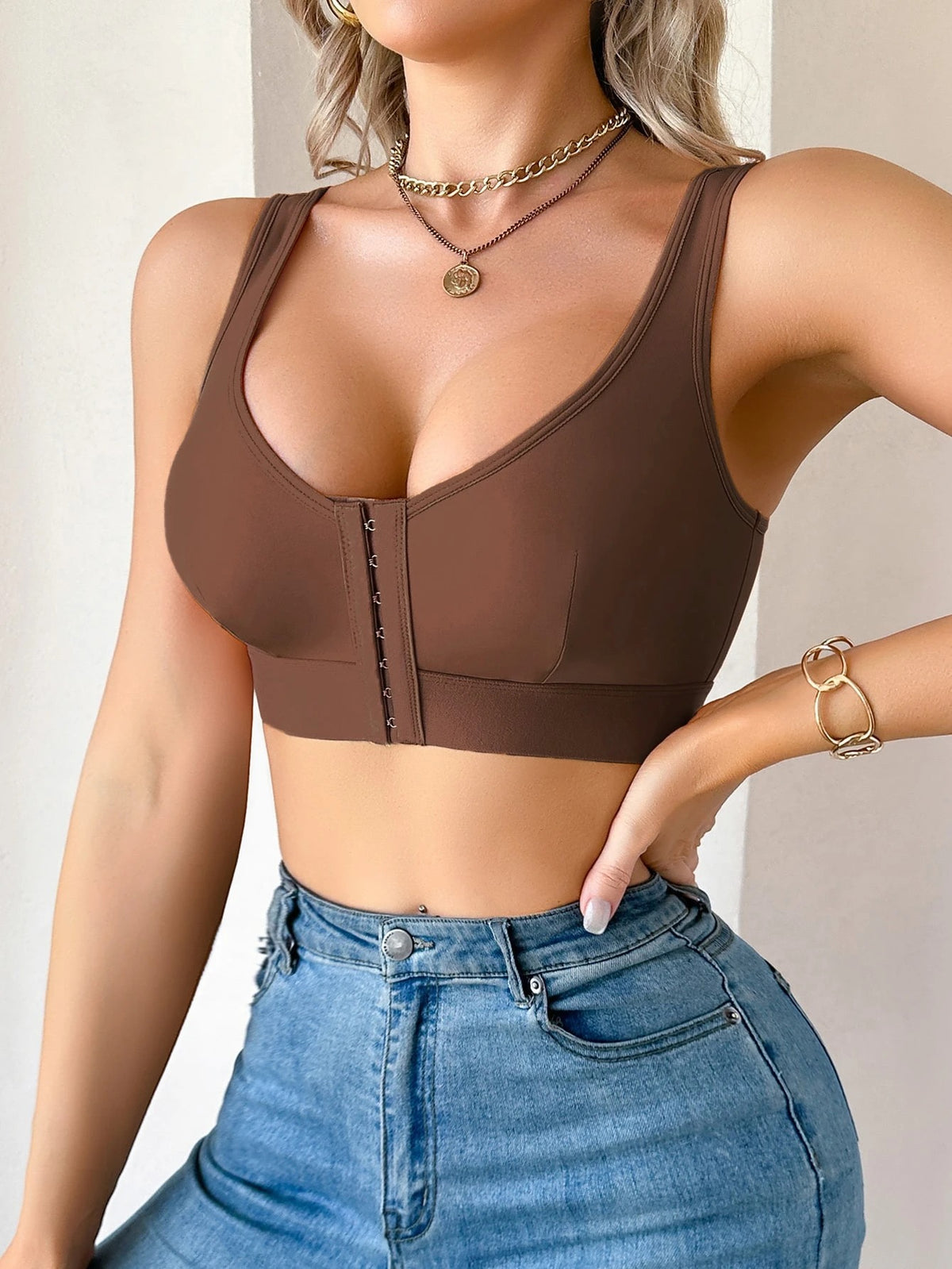 Soutien-gorge sans fil à fermeture avant de couleur unie pour femmes